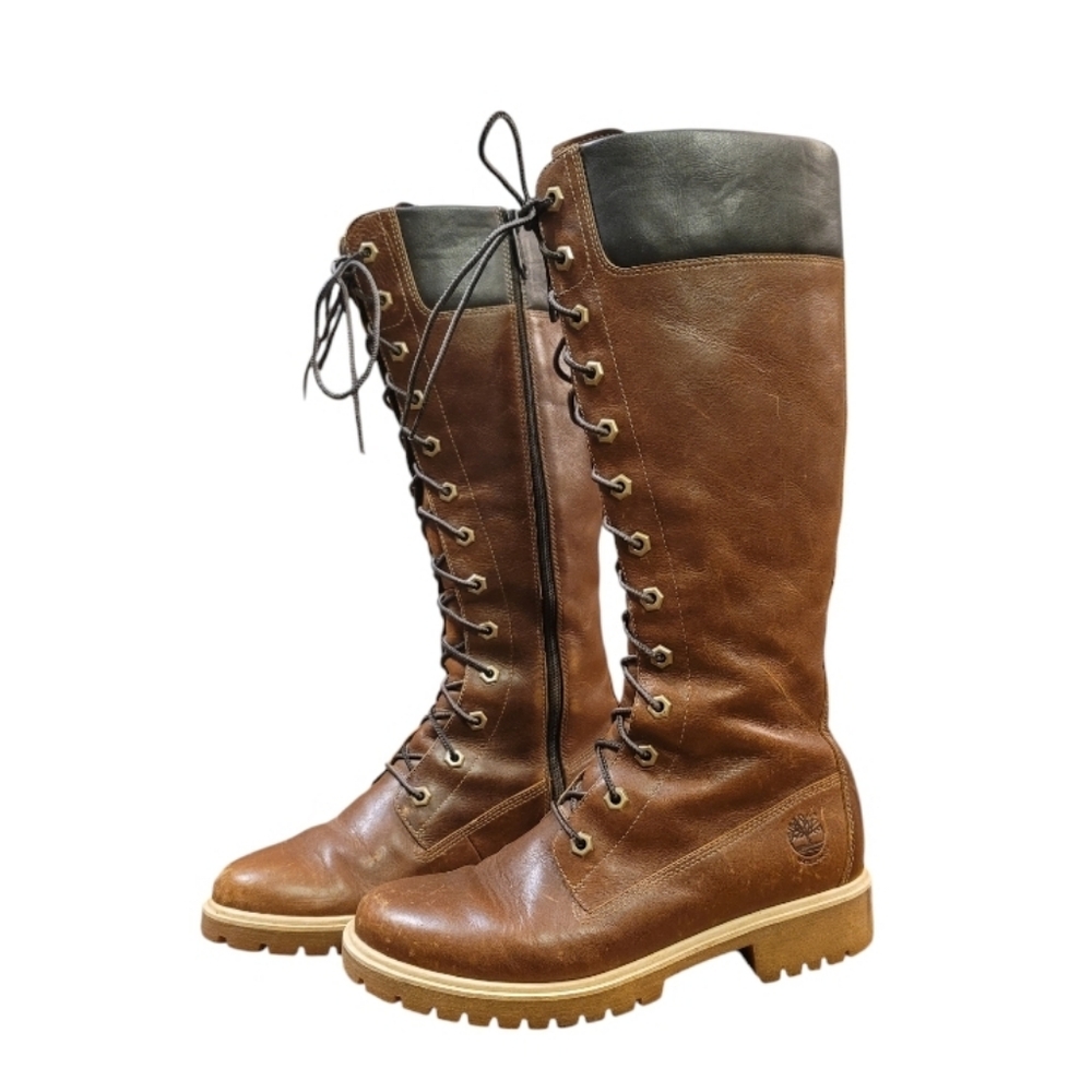 Timberland Brown Leather Lace-Up Knee Boots with Black Cuff